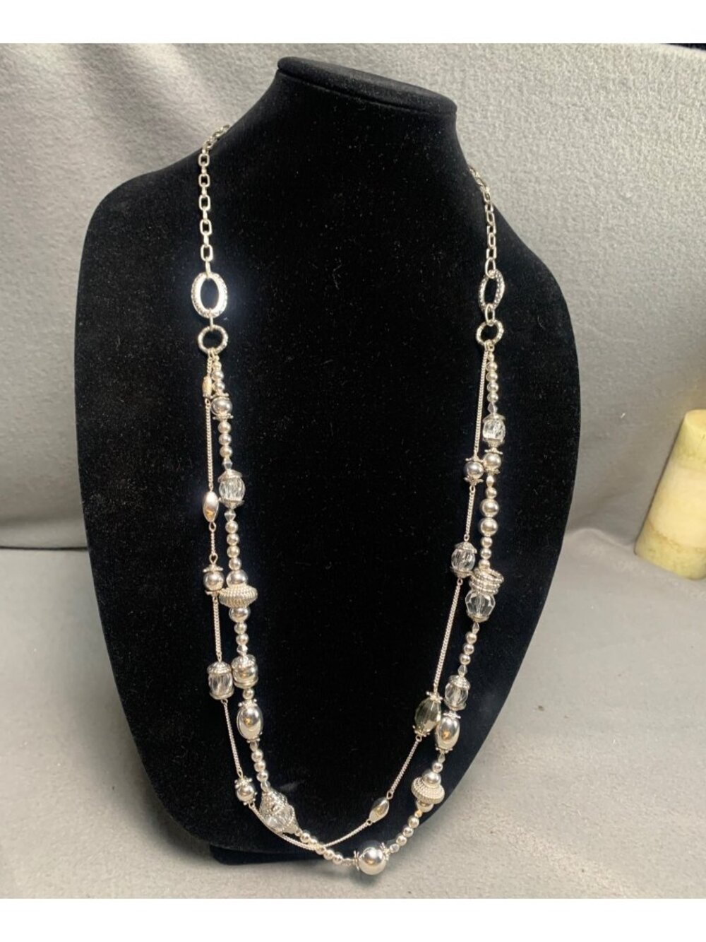 Silver-Tone Beaded Multi-Strand Necklace Chain Textured Beads 36"